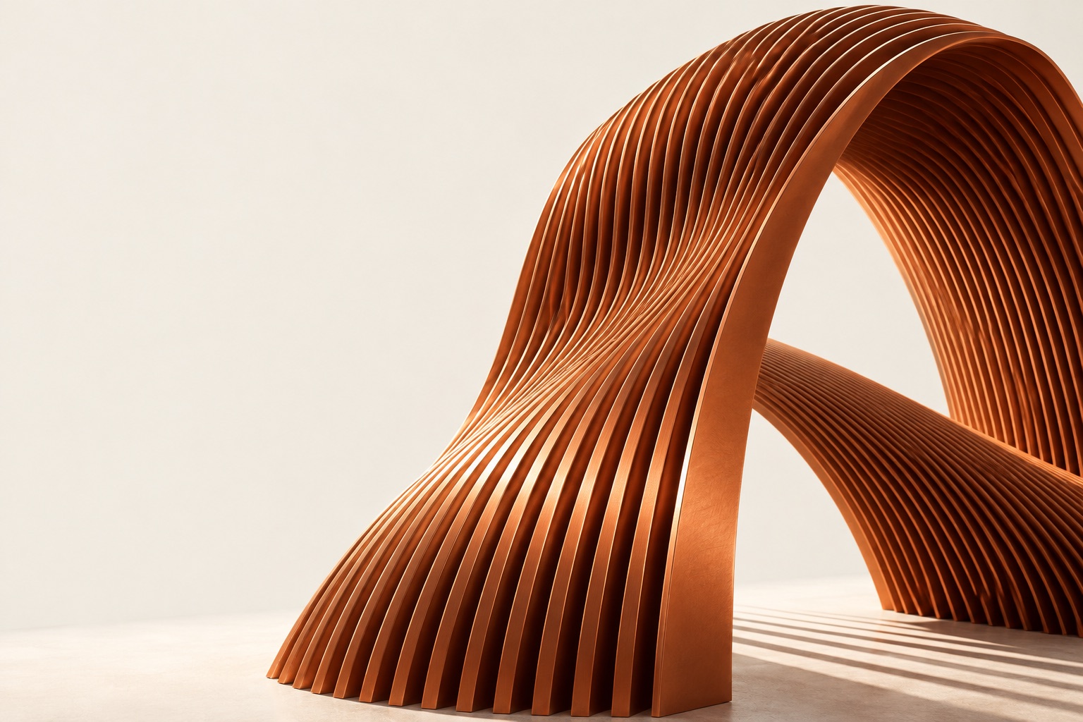 Sculptural terracotta fins forming an open arch